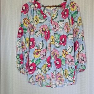 Crown & Ivy Floral Pullover XL Peasant  BLouse With Smocking Detail